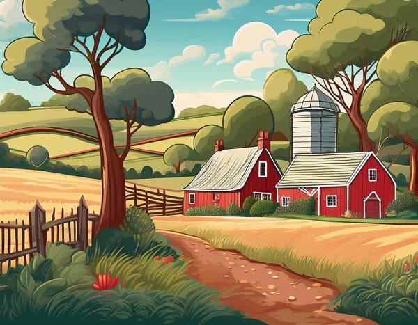 Digital illustration of a farm