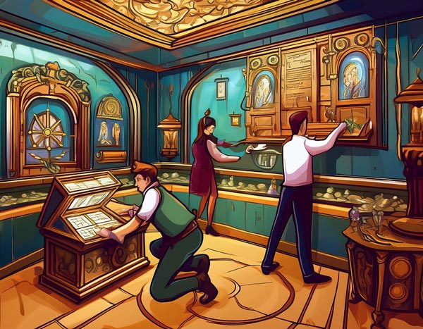 Digital illustration of people at an escape room