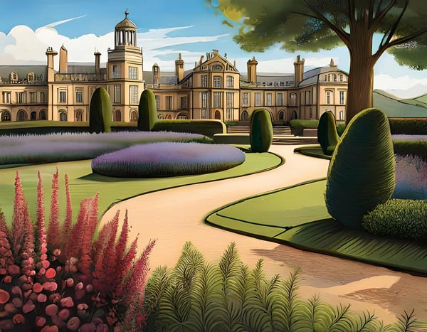 Digital illustration of a house and gardens
