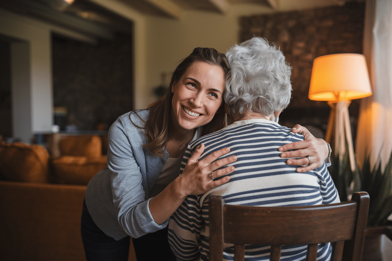 Female Carer smiling hugging an elderly female client