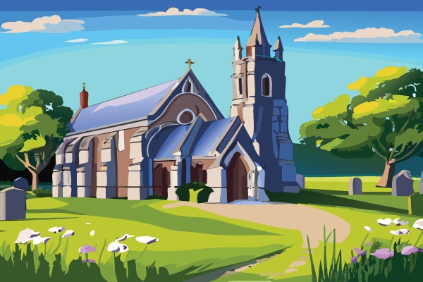 Digital illustration of a church