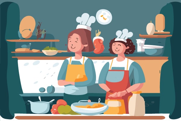 Digital illustration of people cooking