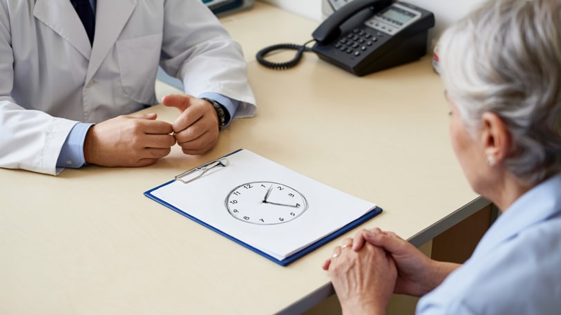 Elderly female discussing test results with a GP