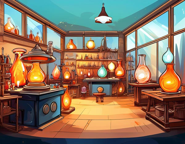 Digital illustration of a glass making studio