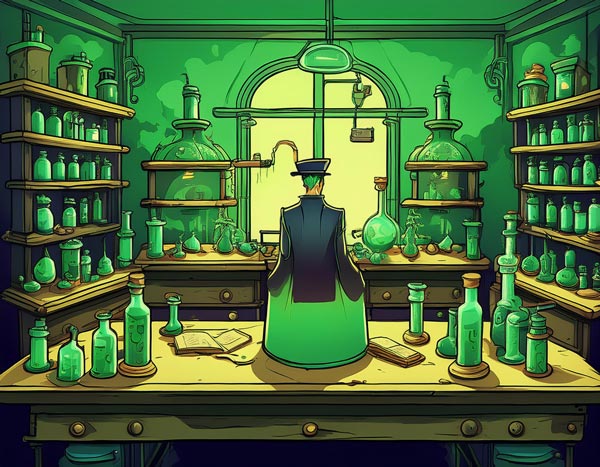 Digital illustration of the inside of Frankenstein's lab