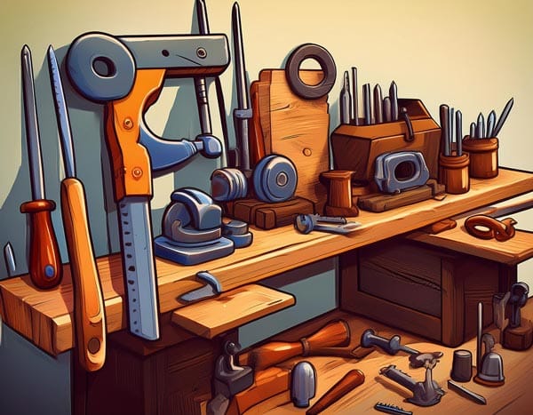 Digital illustration of tools on a work bench