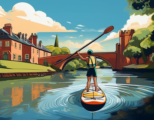 Digital illustration of people paddle boarding