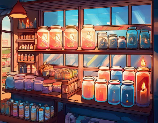 Digital illustration of a candle shop