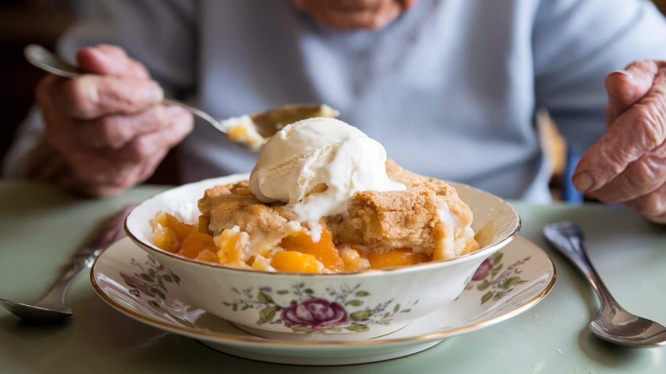 Peach cobbler with ice cream
