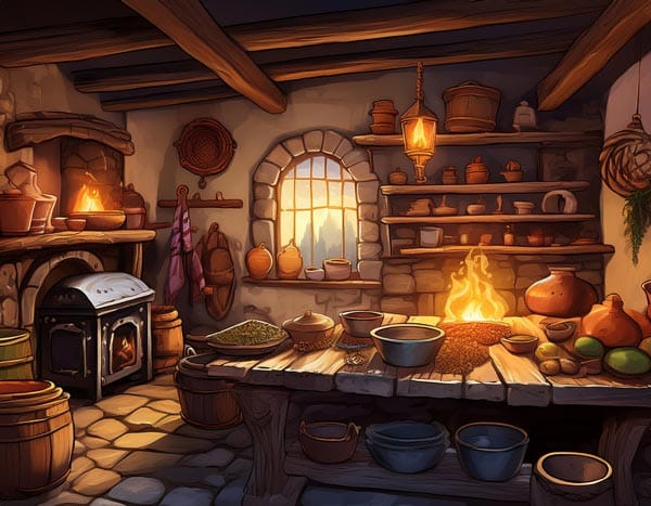 Digital illustration of the inside of a kitchen from the 1400s
