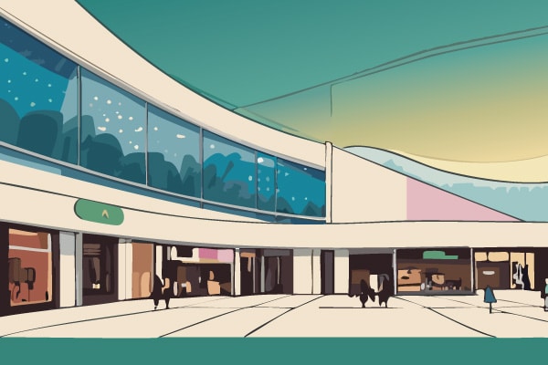 Digital illustration of a shopping centre