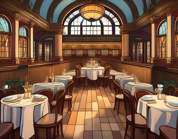 Digital illustration of a tearoom