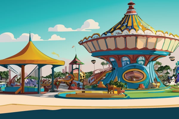 Digital illustration of a theme park