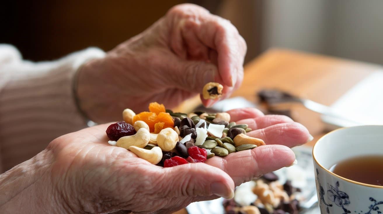Elderly hand holding trail mix