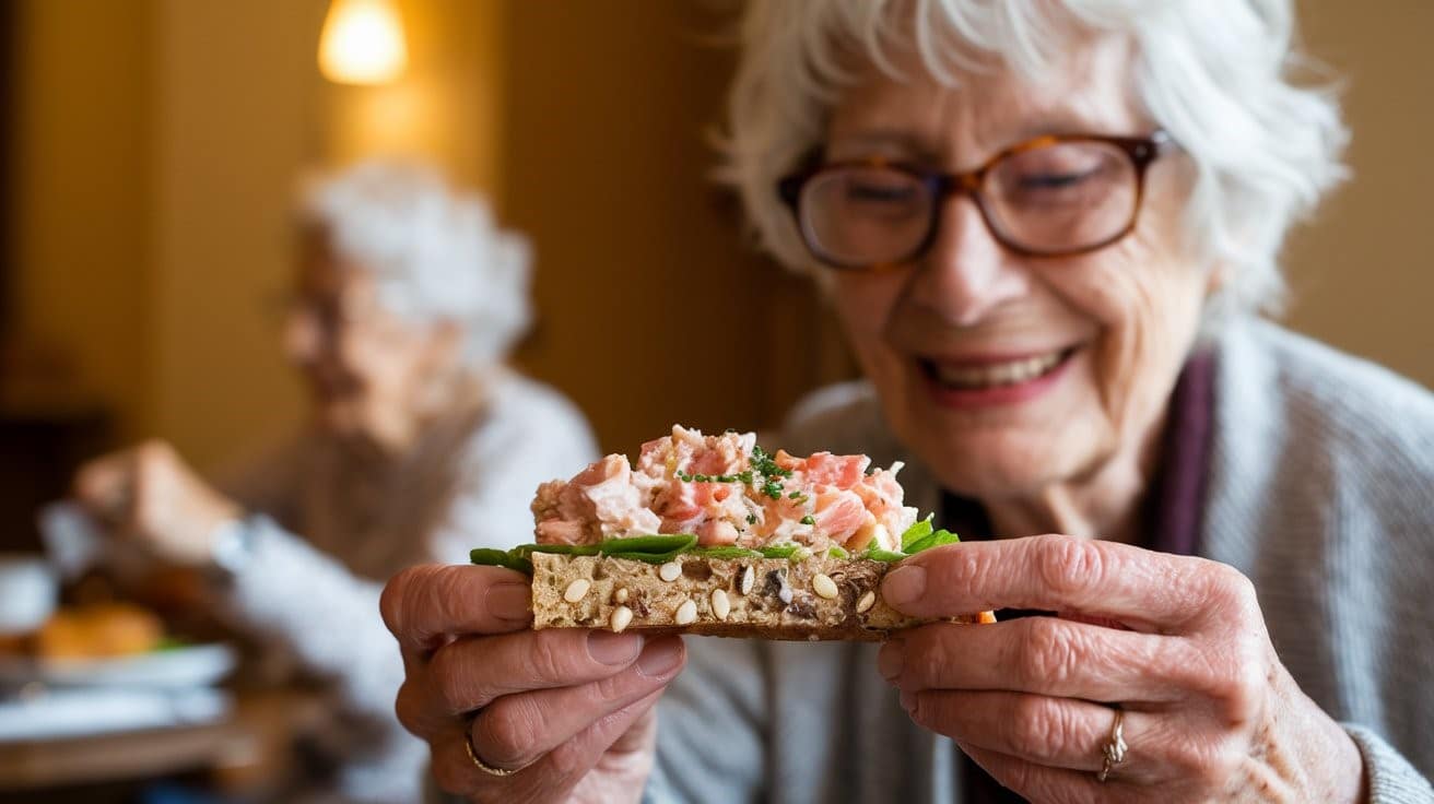 Elderly woman holding tuna salad on wholegrain bread
