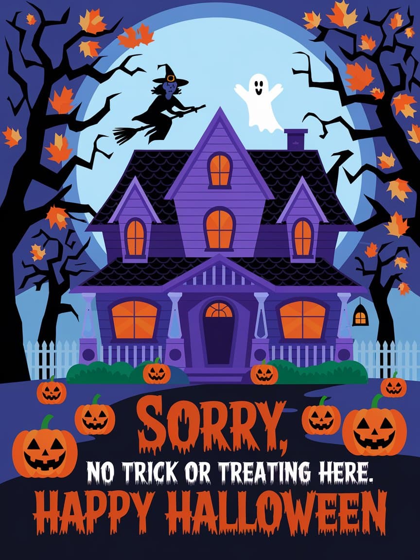 A haunted house themed 'No trick or treating here' sign printable