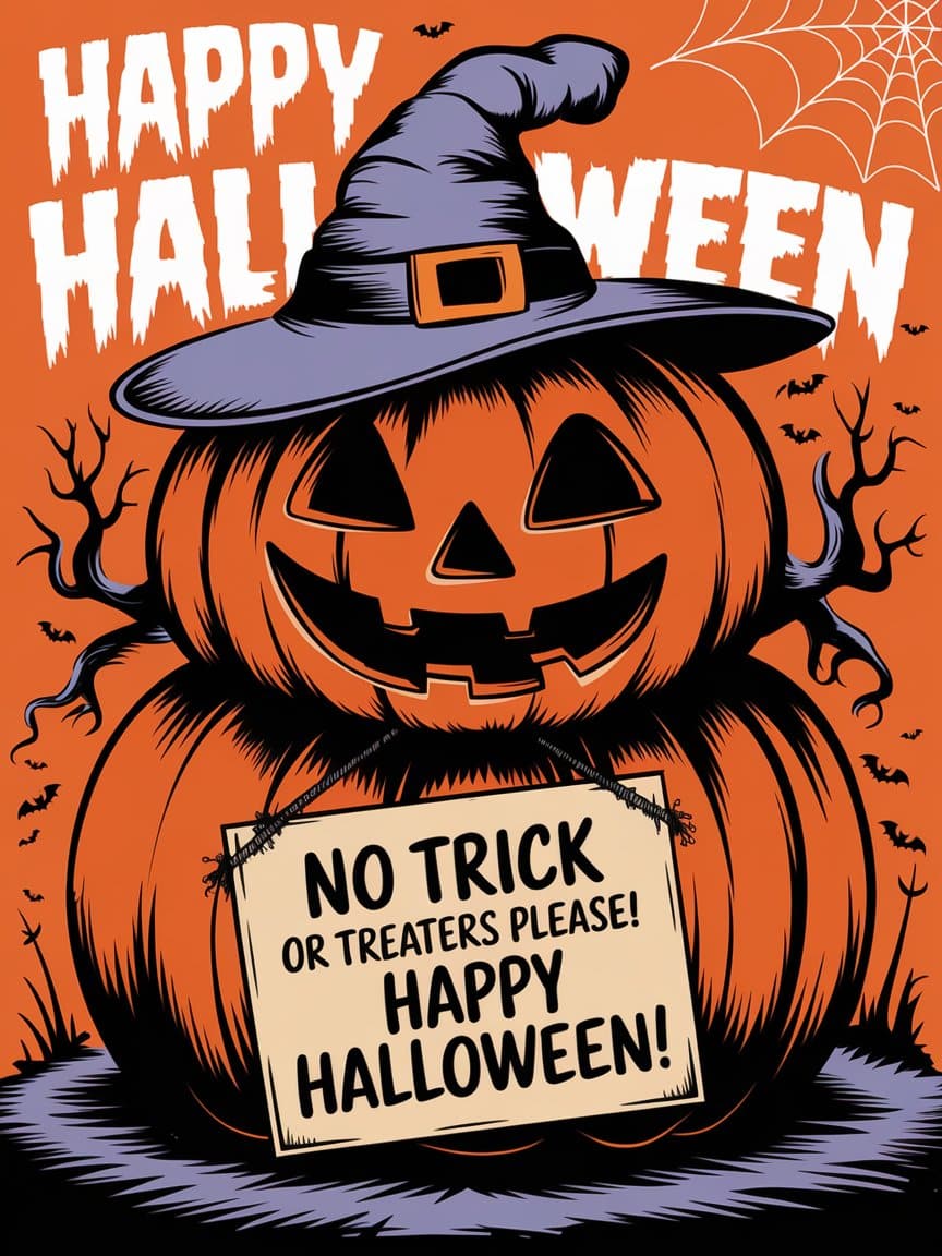 A pumpkin themed 'No trick or treating here' sign printable