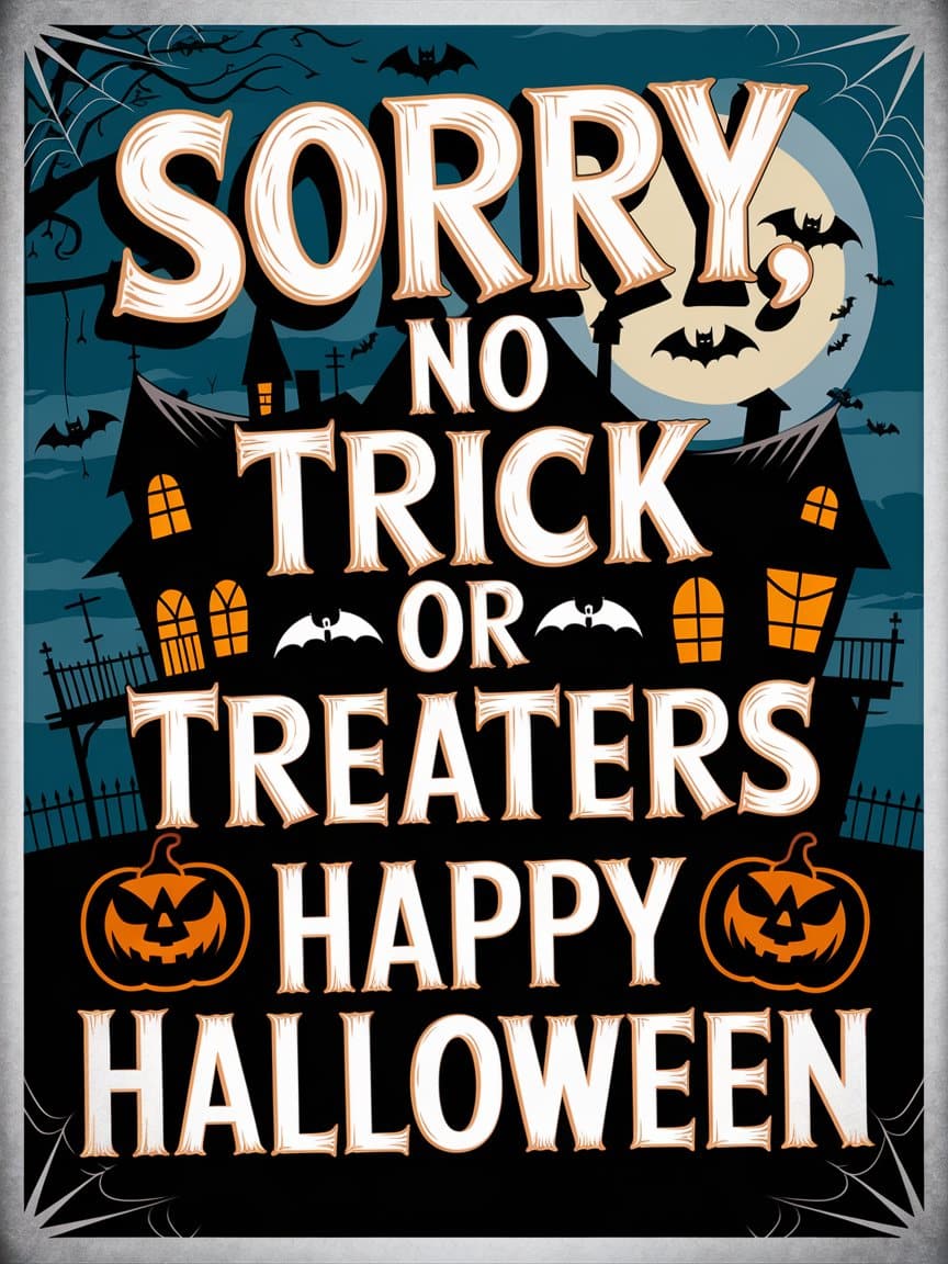 A haunted house themed 'No trick or treating here' sign printable