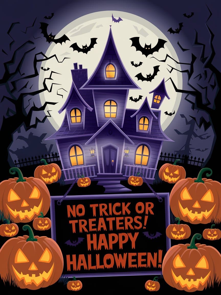 A haunted house pumpkin themed 'No trick or treating here' sign printable