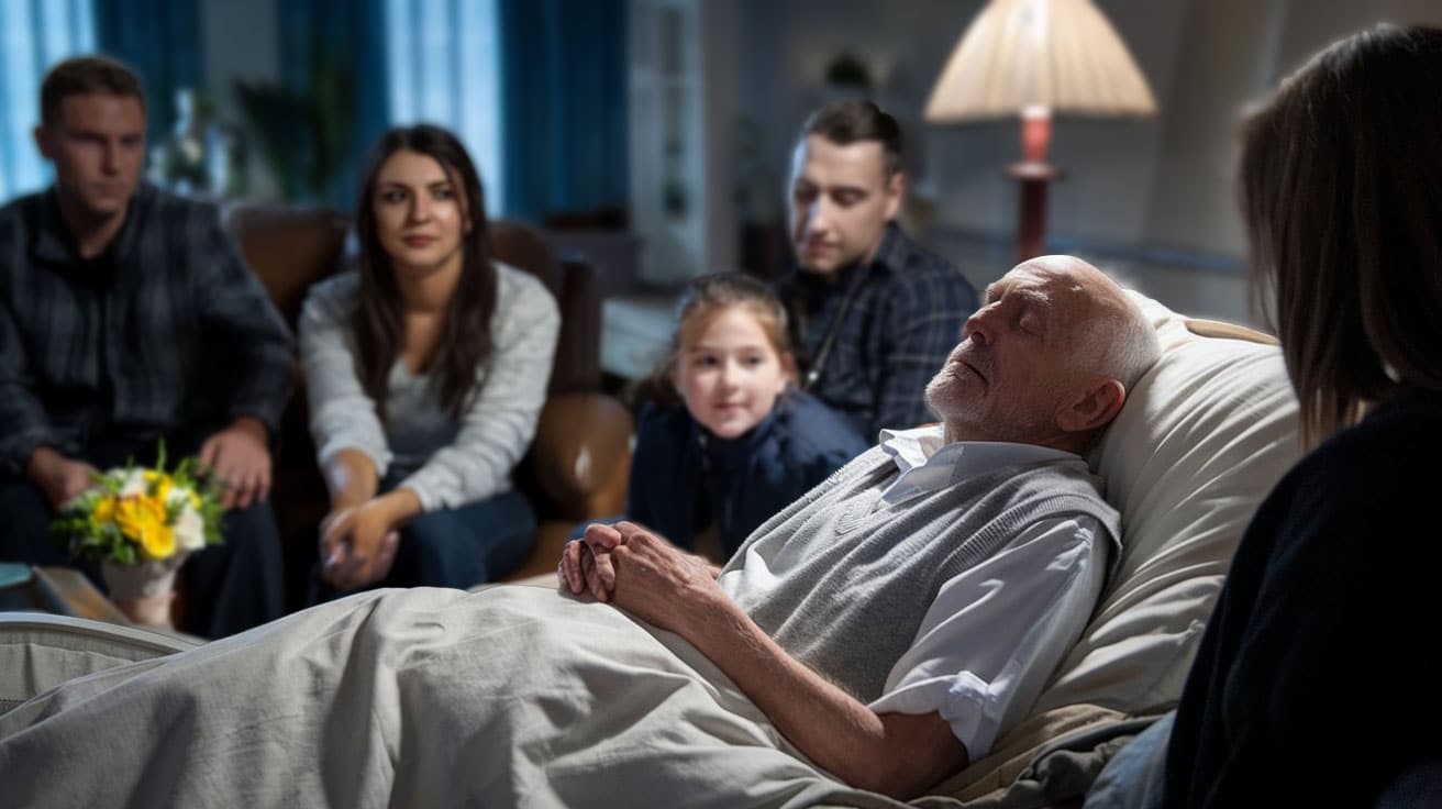 A family gather around an elderly loved one who is receiving end of life care