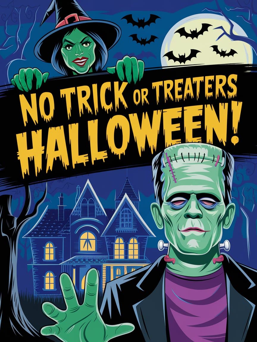 Frankenstein halloween poster with a witch that says 'No trick or treaters'