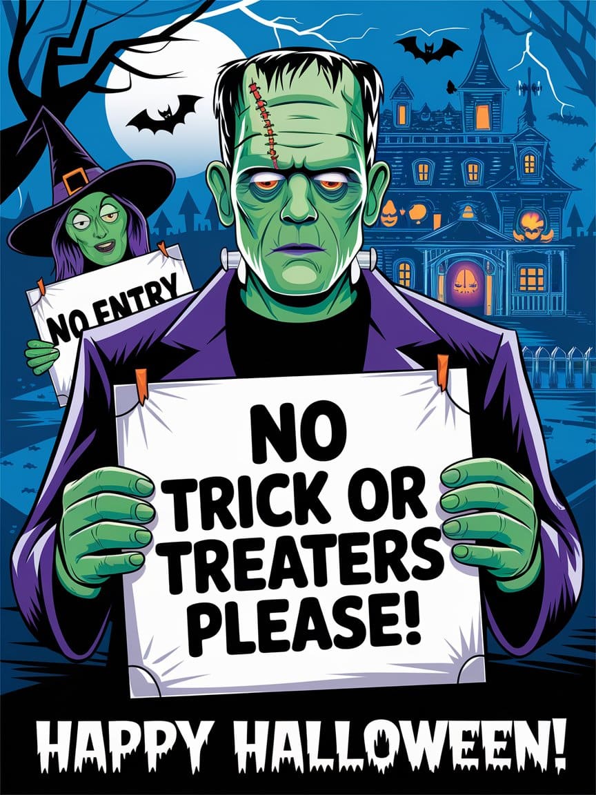 Frankenstein themed 'no trick or treating here' sign printable