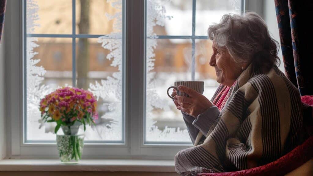 Elderly woman looks out a frosty window while she is feeling cold