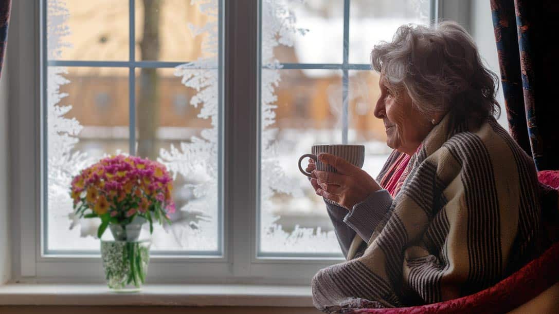 Elderly woman looks out a frosty window while she is feeling cold