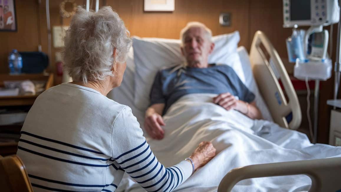 An elderly woman sits at the bedside of an elderly man receiving end of life care