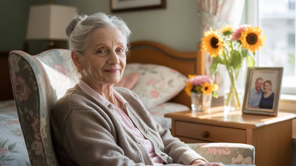 Elderly lady smiling in her bedroom in a care home