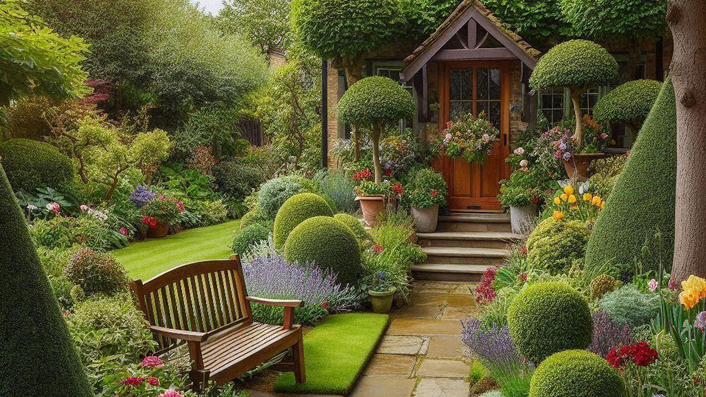 A front garden with lots of flowers and space for sitting.